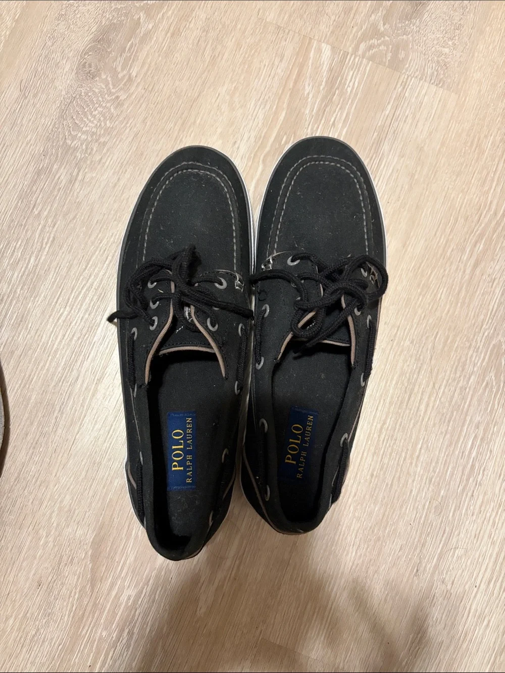 Polo by Ralph Lauren Men’s Black Canvas Boat Shoes with Brown Trim